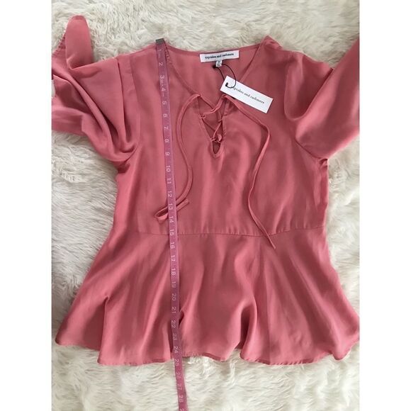 Coral Pink Lace Up Peplum‎ Top Blouse Short Flutter Sleeve Flowy XS X-Small New - Picture 13 of 14